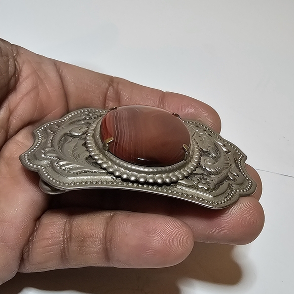 Vintage Western Embossed Belt Buckle Cabochon Orange Agate Scroll Design Unisex - Picture 2 of 9